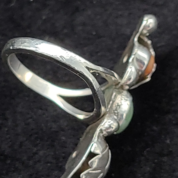 Vintage Native American Sterling Turquoise Coral Ring Leaf and Raindrops Design - Picture 7 of 11